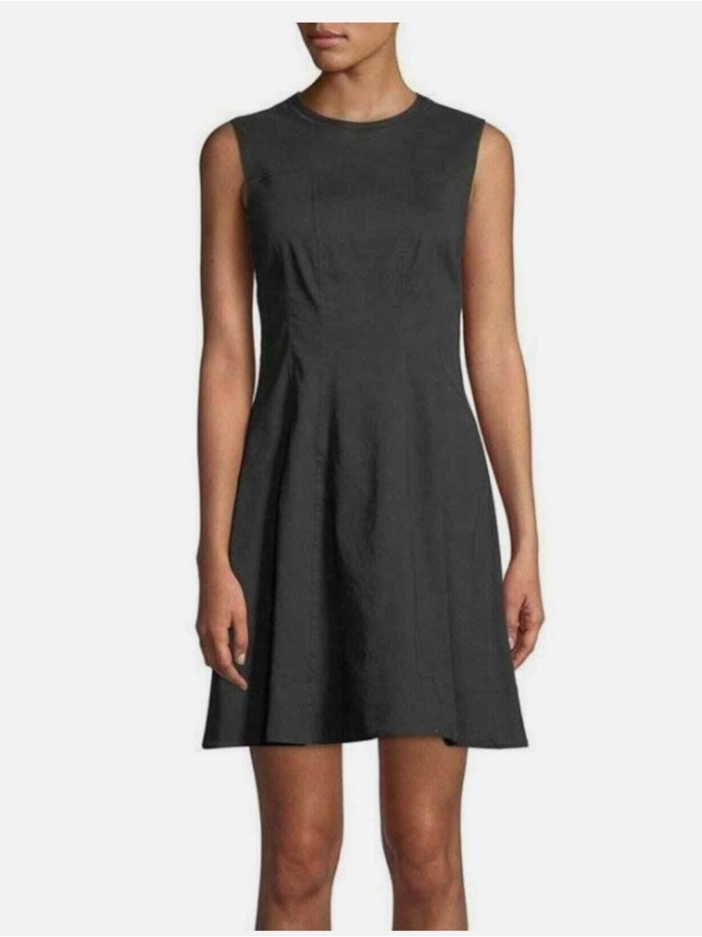 THEORY Modern Tea Mini Dress Solid Black Linen Blend Fit & Flare Sz 6 Sleeveless